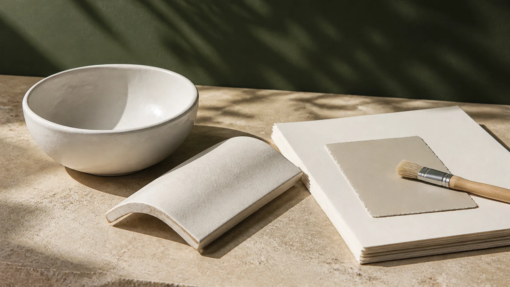 Illustrative application still life with porcelain, ceramic tile, paper and a paint brush