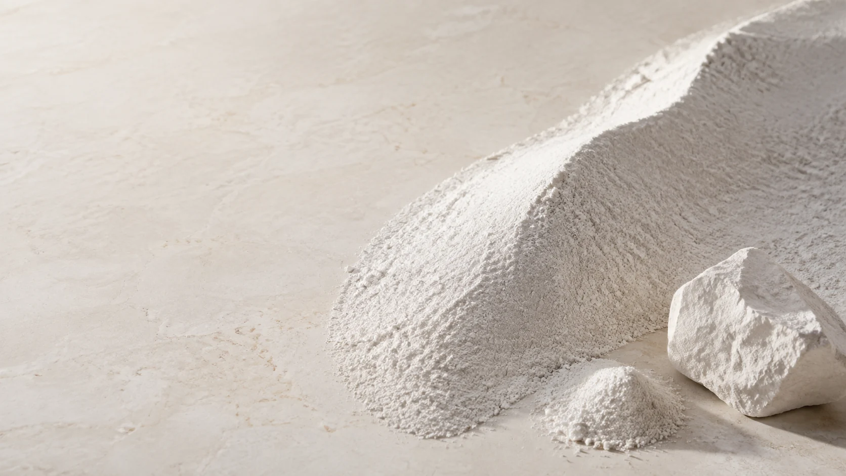 Sculptural white mineral powder and chalky stone in warm daylight, illustrative material scene